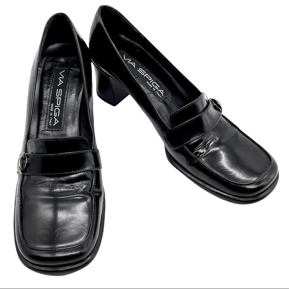 VIA SPIGA Black Leather Square Toe Slip on Chunky Heel Loafers Size 7 Narrow - Picture 1 of 8